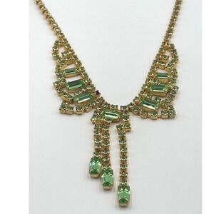 Vintage Sparkling Green Rhinestone Necklace waterfall Gold Tone Elphaba necklace